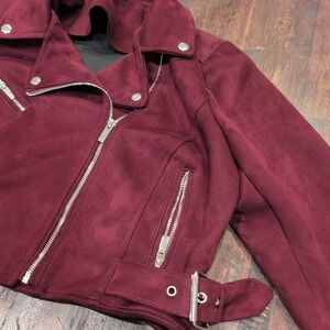City Chic Burgundy Faux Suede Moto Jacket Cropped Womens 14 1XL Biker Lined